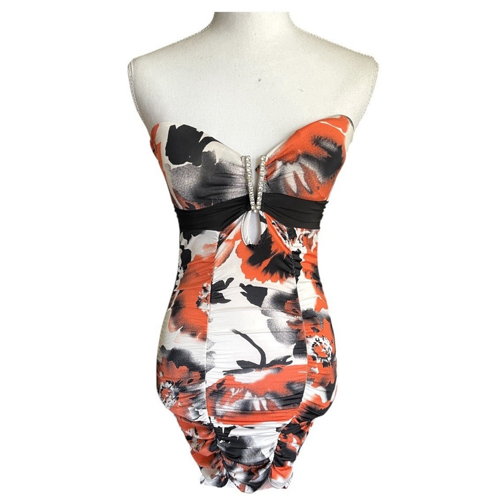 Janice Y2K Strapless Ruched Bodycon‎ Floral Mini Dress Rhinestones Party Sz S